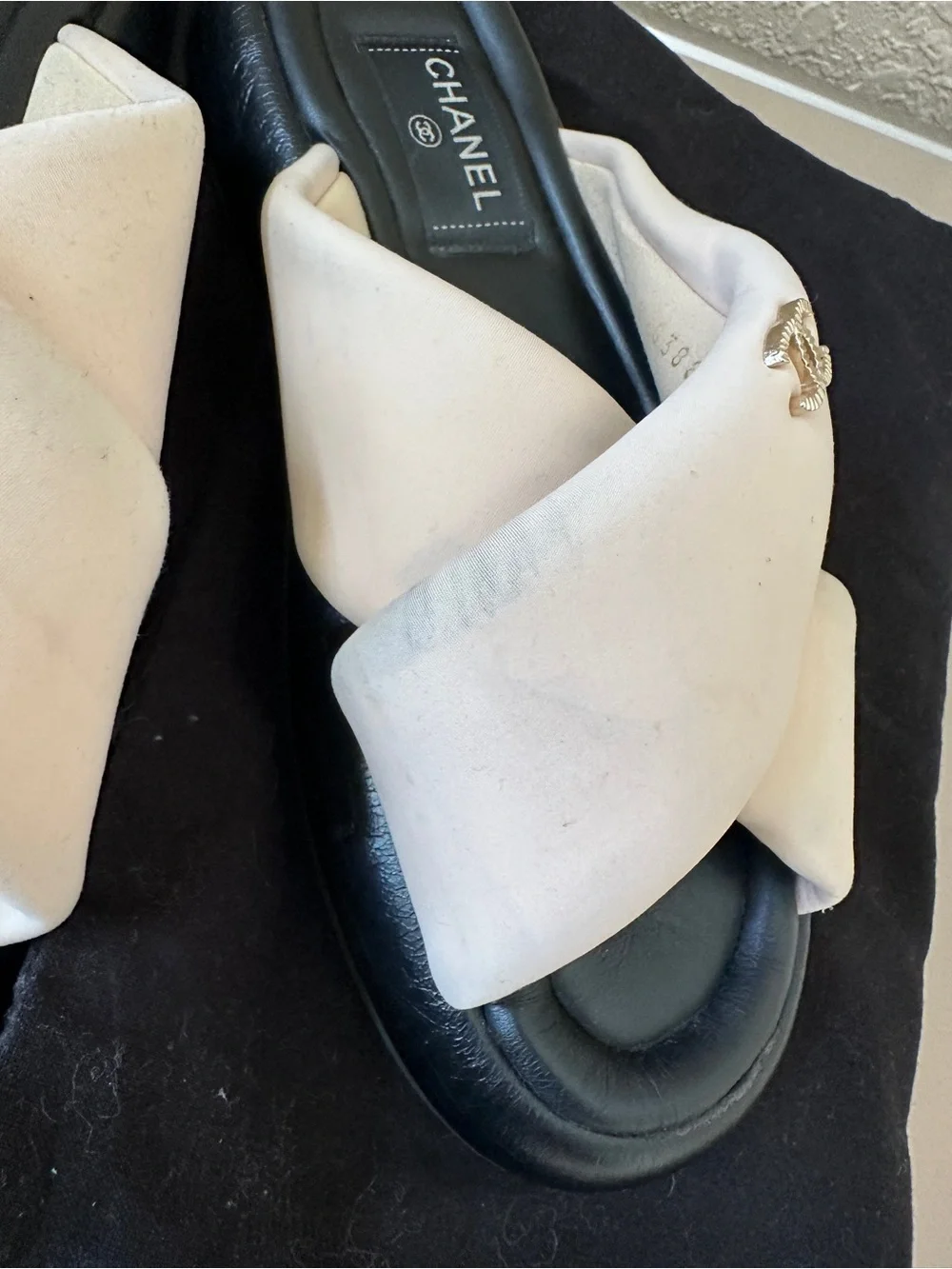 CHANEL Pink Crossband Slide Sandals with Gold CC